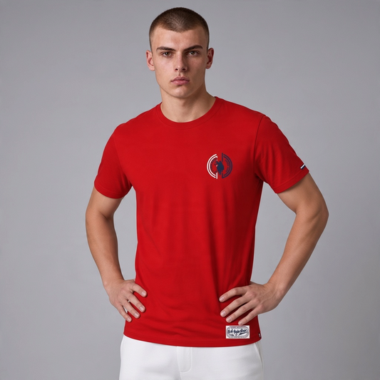 Camiseta roja de manga corta www.treshop.com.co con cuello redondo y logo estampado en el pecho para hombre