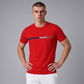 Hombre vistiendo camiseta roja de algodón U.S. POLO ASSN. con franja horizontal y logo en el pecho de www.treshop.com.co