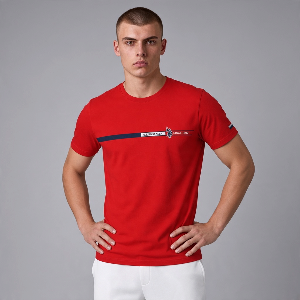 Hombre vistiendo camiseta roja de algodón U.S. POLO ASSN. con franja horizontal y logo en el pecho de www.treshop.com.co