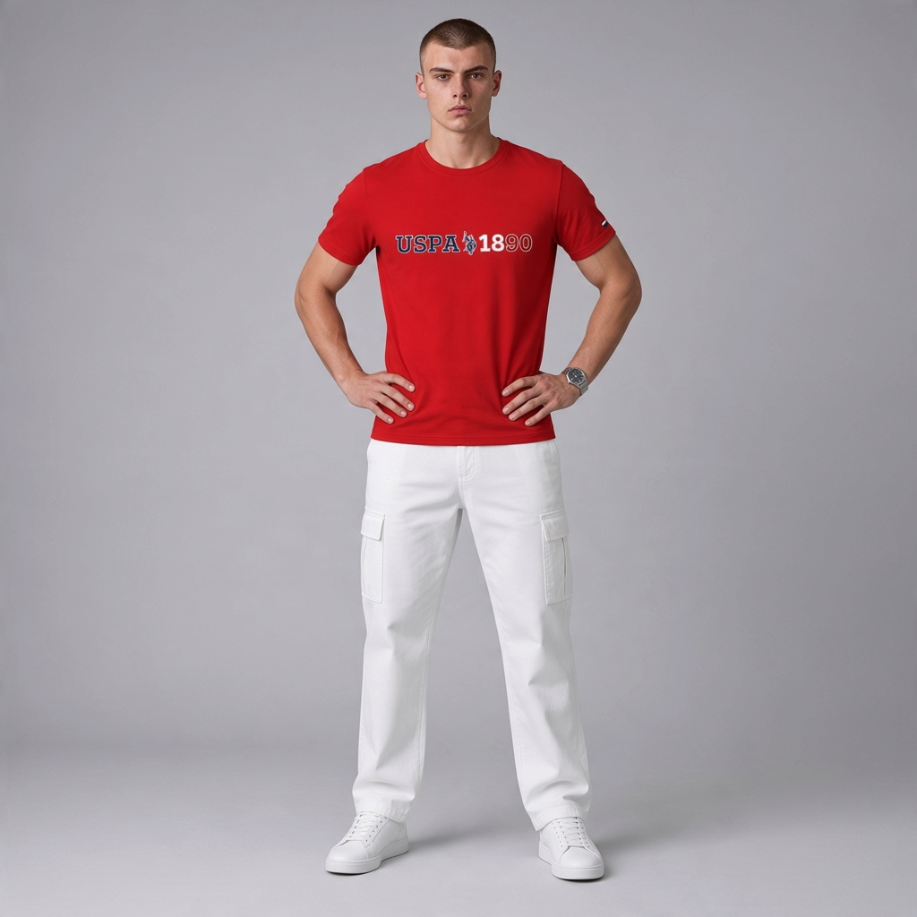 Hombre vistiendo camiseta roja de manga corta www.treshop.com.co con logo USPA 1890 y pantalones cargo blancos