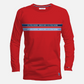 Camiseta de manga larga roja www.treshop.com.co con cuello redondo y franjas horizontales con logo en el pecho