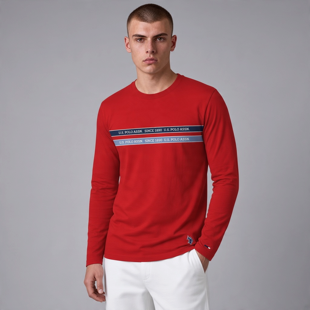 Camiseta de manga larga roja www.treshop.com.co con franjas horizontales y logo U.S. POLO ASSN. en el pecho