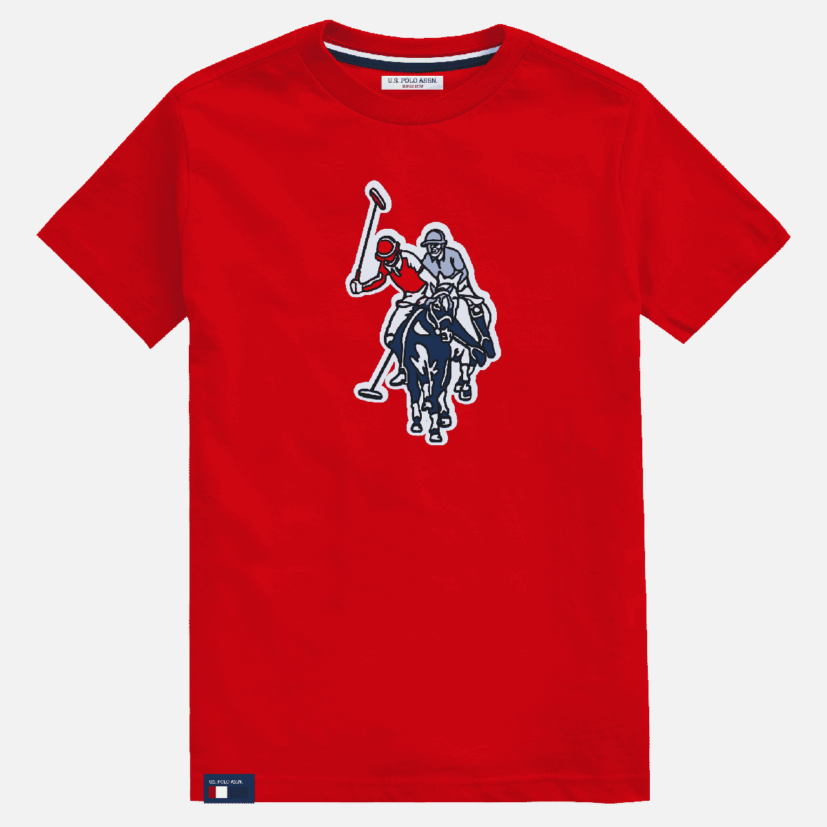 Camiseta roja de algodón para hombre de www.treshop.com.co con estampado de jugador de polo y cuello redondo. Marca U.S. Polo Assn.