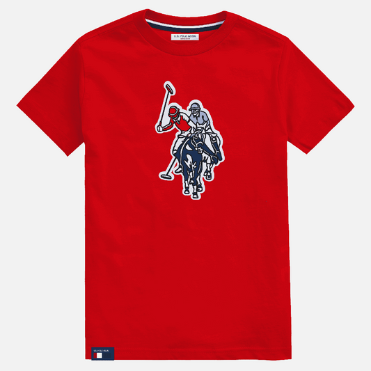 Camiseta roja de algodón para hombre de www.treshop.com.co con estampado de jugador de polo y cuello redondo. Marca U.S. Polo Assn.