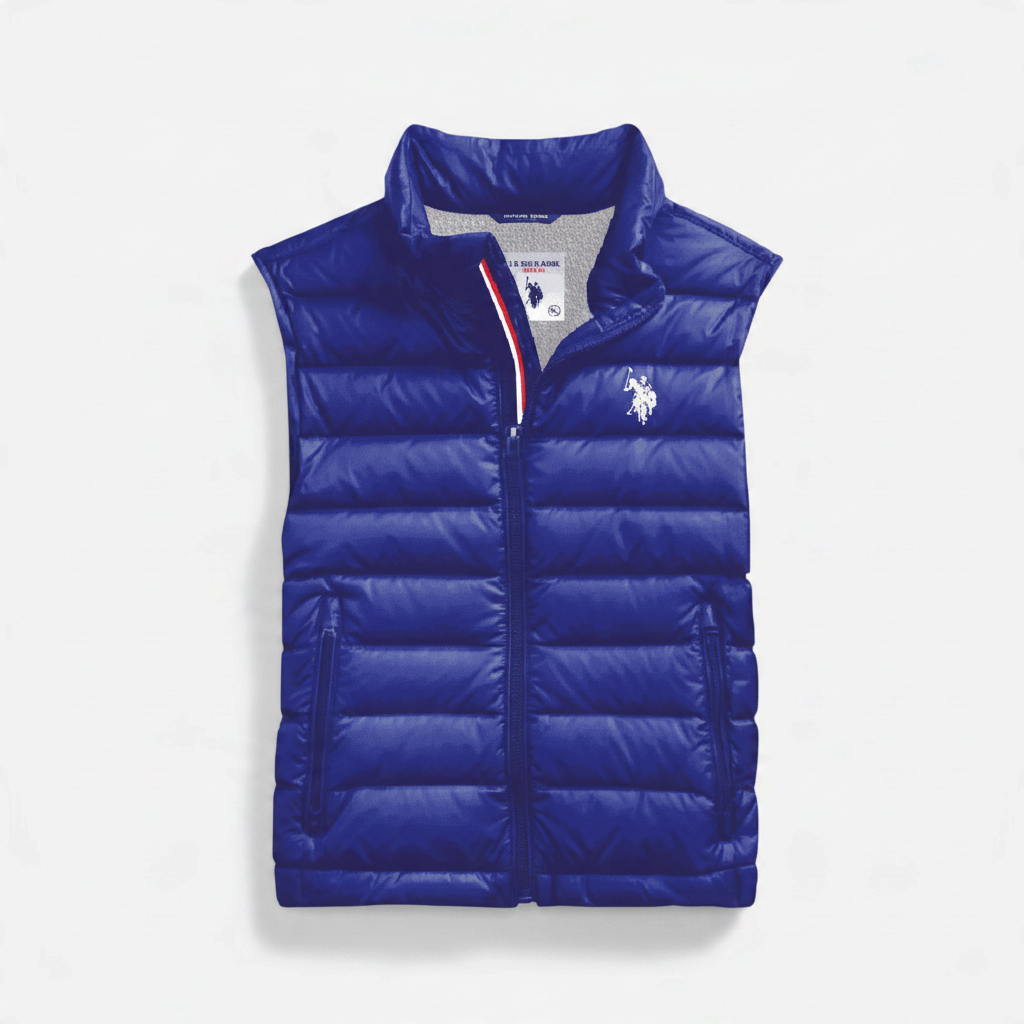 Chaleco acolchado azul para hombre de www.treshop.com.co con cierre de cremallera y logo bordado en el pecho
