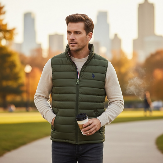 Hombre con chaleco acolchado verde oliva de www.treshop.com.co sobre suéter beige en un parque urbano al atardecer.