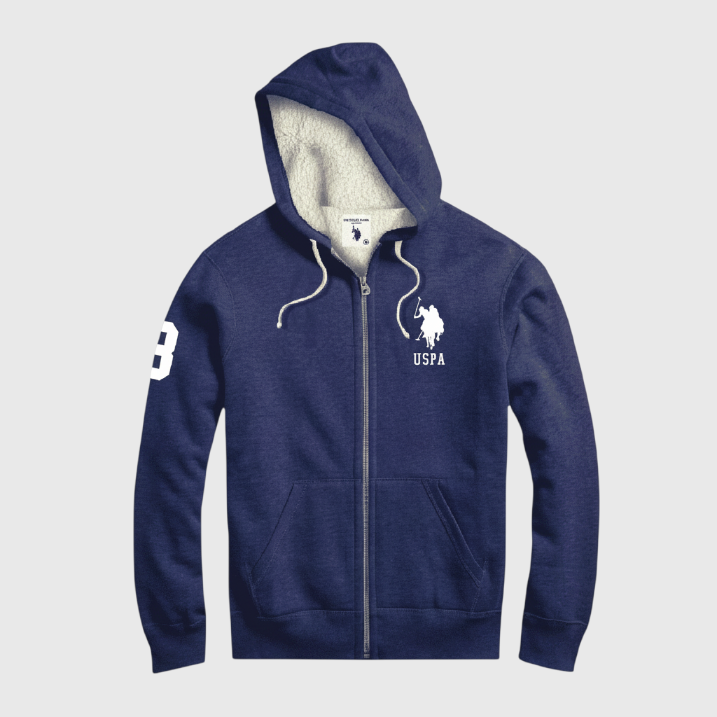 Chaqueta azul marino con capucha y forro de borrego de www.treshop.com.co con logo bordado y cierre frontal