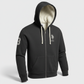Chaqueta gris oscuro con capucha y forro de borrego de www.treshop.com.co con cierre frontal y logo bordado