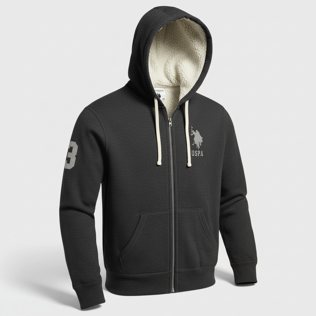 Chaqueta gris oscuro con capucha y forro de borrego de www.treshop.com.co con cierre frontal y logo bordado