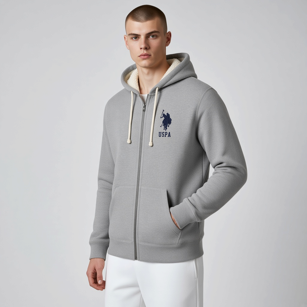 Chaqueta gris con capucha y forro de borrego de www.treshop.com.co con cremallera y logo bordado en el pecho