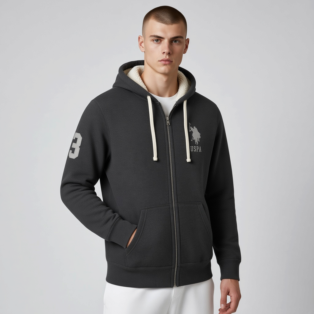 Chaqueta con capucha www.treshop.com.co gris oscuro con forro interior de borrego, cremallera y logo bordado
