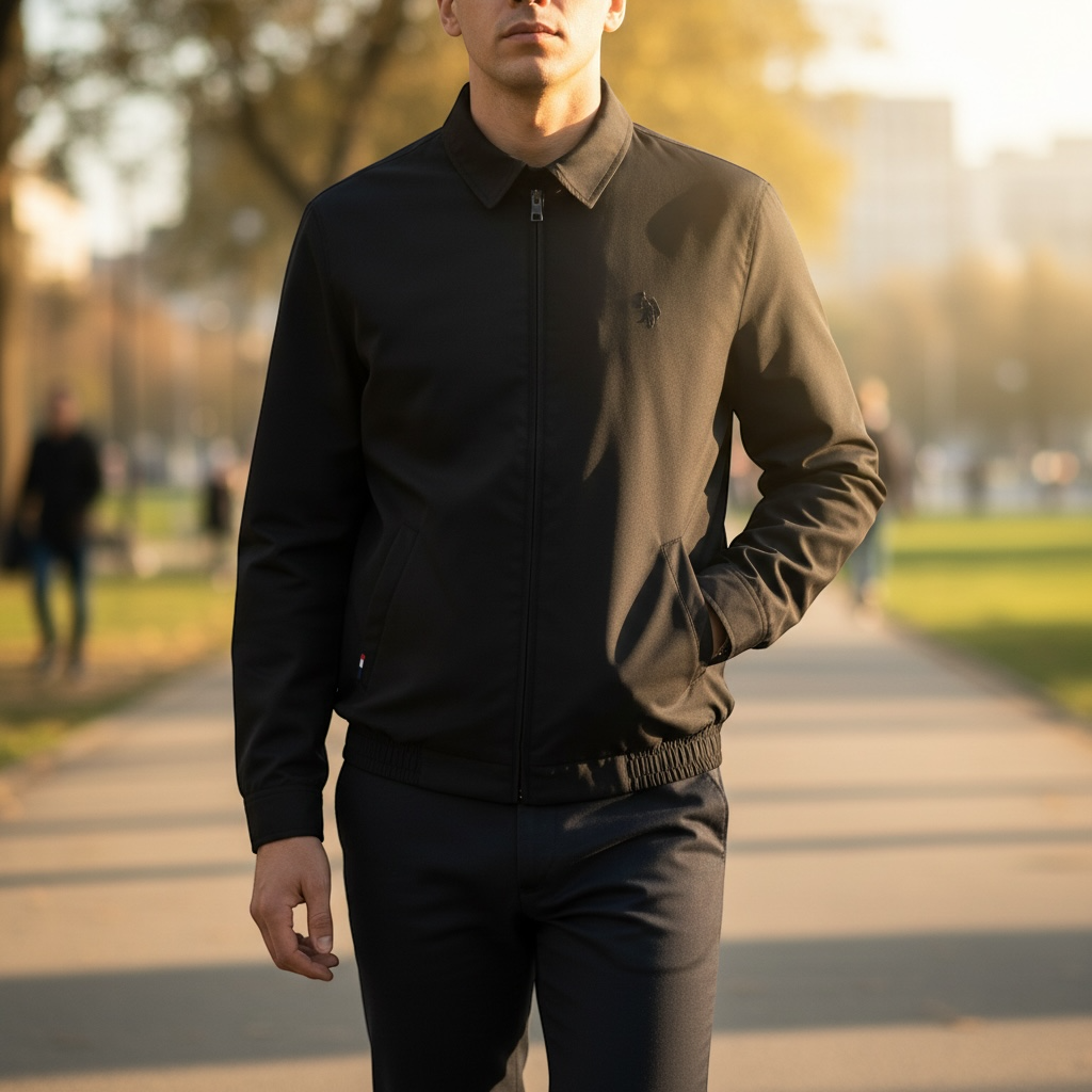 Chaqueta casual negra para hombre de www.treshop.com.co con cremallera, cuello estructurado y logo bordado en el pecho