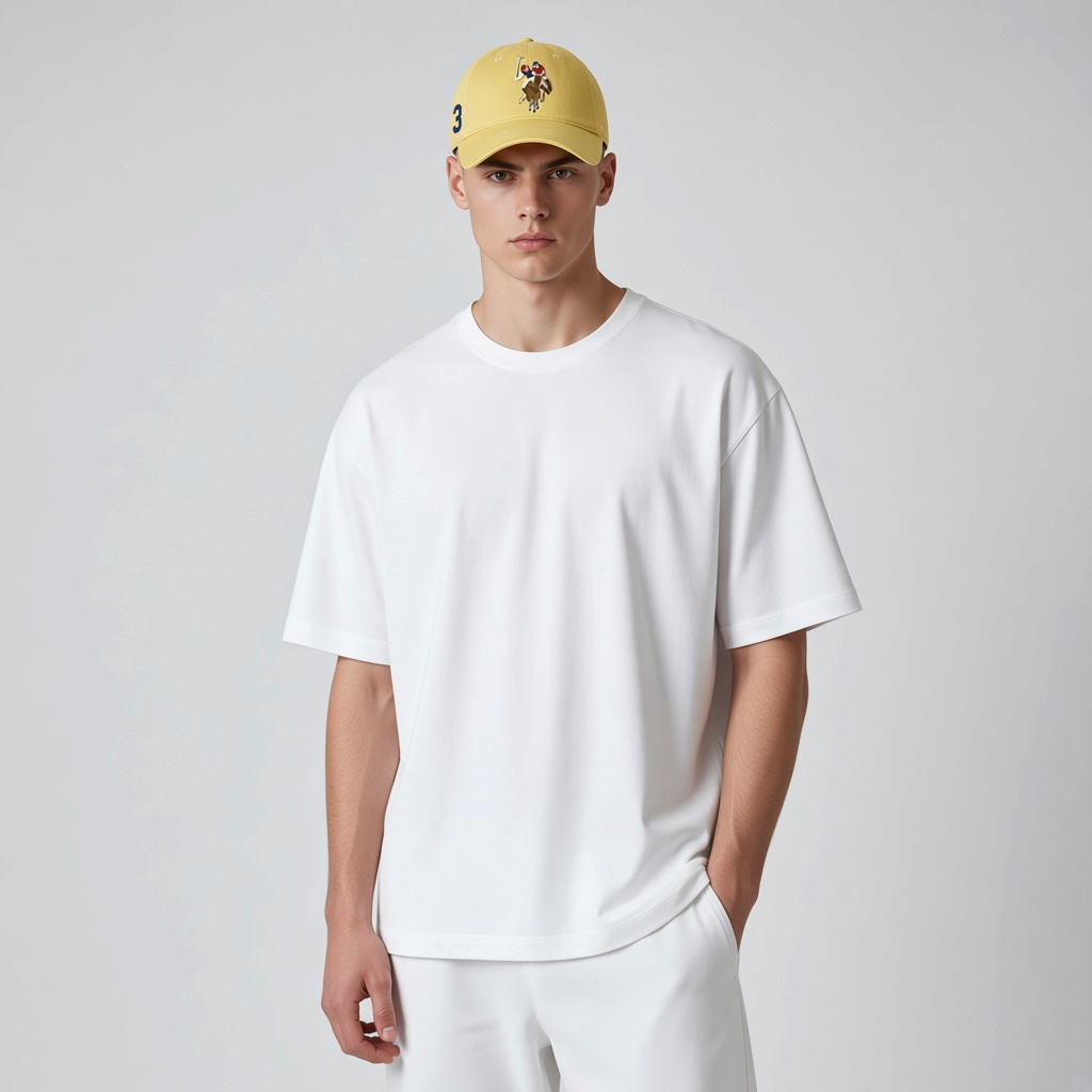 Modelo con gorra amarilla www.treshop.com.co de algodón con bordado de polo y número tres, estilo casual y deportivo.