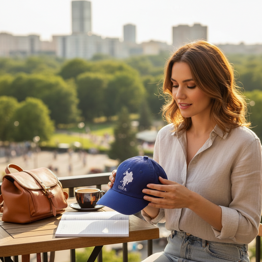 Mujer sosteniendo una gorra azul USPA con logo bordado blanco en una terraza con vista a la ciudad de www.treshop.com.co