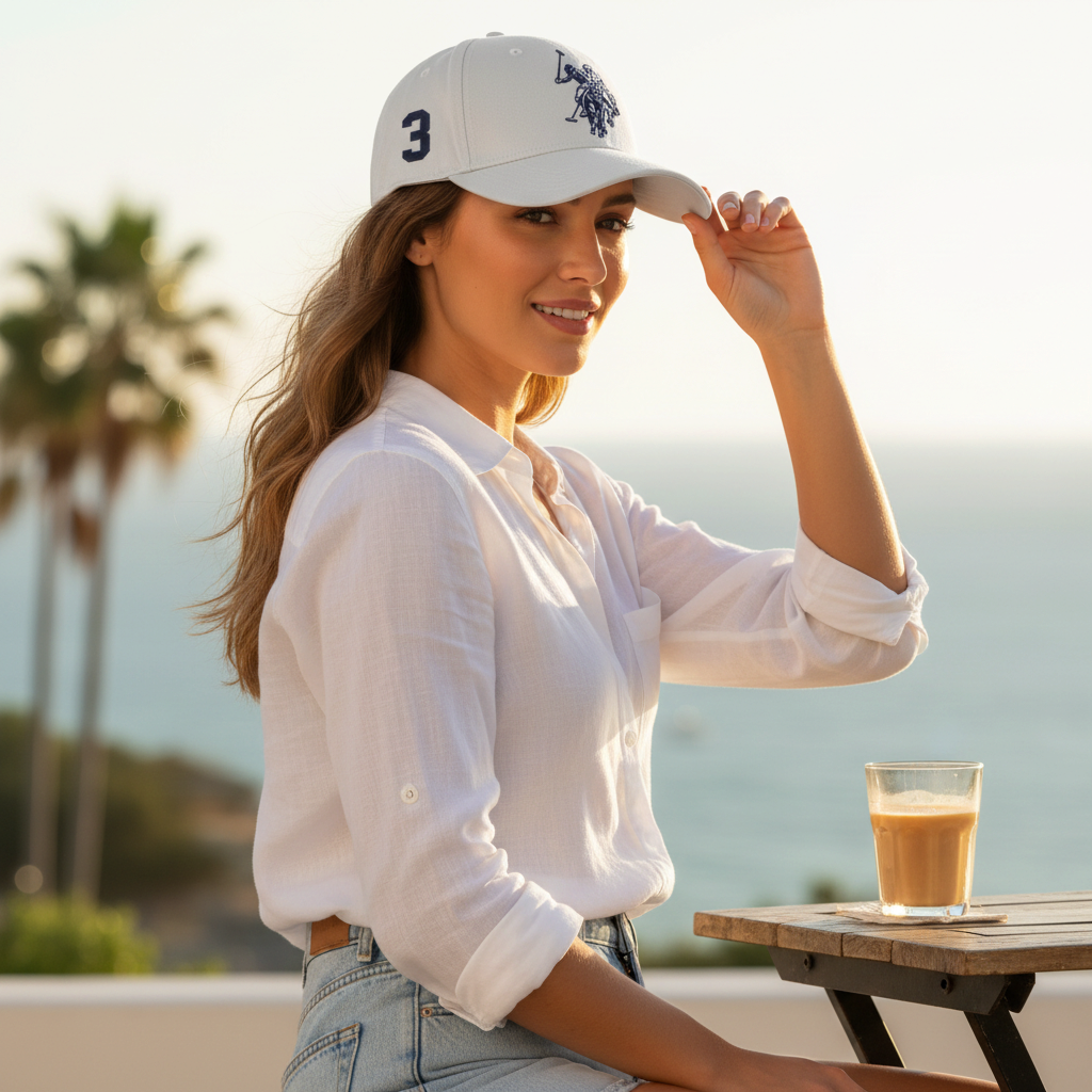 Mujer con gorra blanca www.treshop.com.co con bordado azul marino y numero tres lateral en terraza frente al mar
