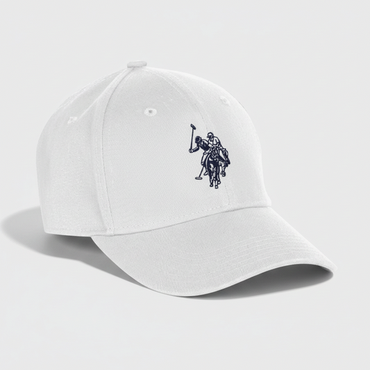 Gorra deportiva blanca www.treshop.com.co con bordado de jugador de polo en contraste y ojales de ventilación