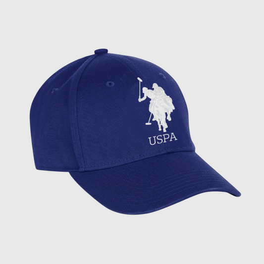 Gorra deportiva azul www.treshop.com.co con logotipo USPA bordado en blanco y visera curva