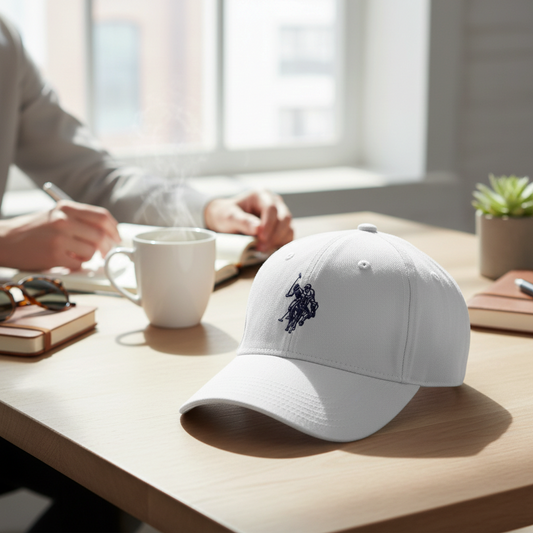 Gorra deportiva blanca www.treshop.com.co con bordado de jugador de polo en contraste sobre una mesa de madera