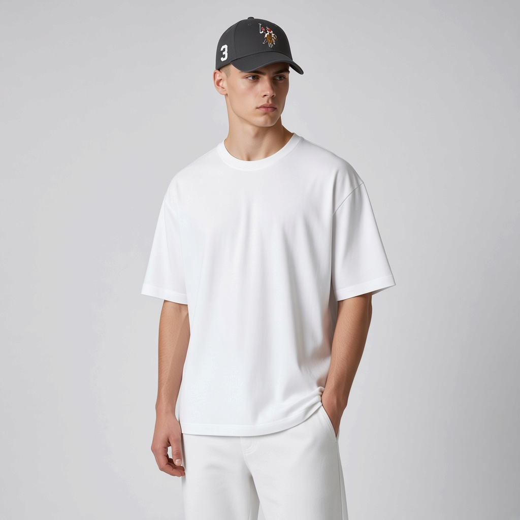 Modelo con gorra negra www.treshop.com.co con bordado de jugador de polo y número 3 lateral, estilo deportivo casual.