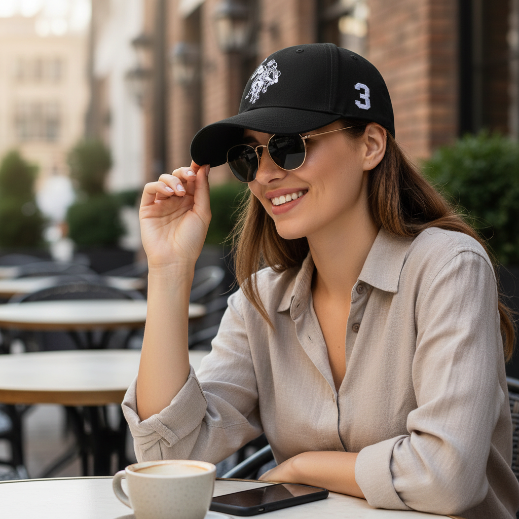 Mujer con gorra negra www.treshop.com.co con bordado de polo y numero 3 lateral, estilo casual en terraza urbana.