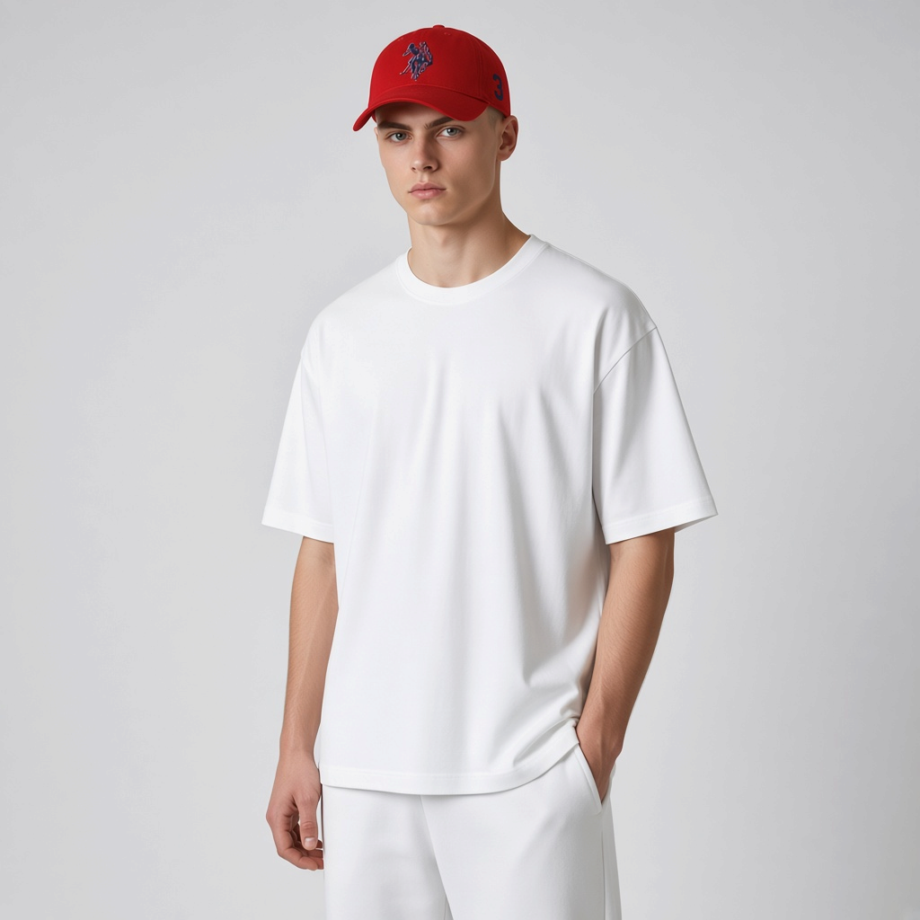 Hombre vistiendo gorra roja U.S. Polo Assn. con bordado frontal y visera curva sobre camiseta blanca básica