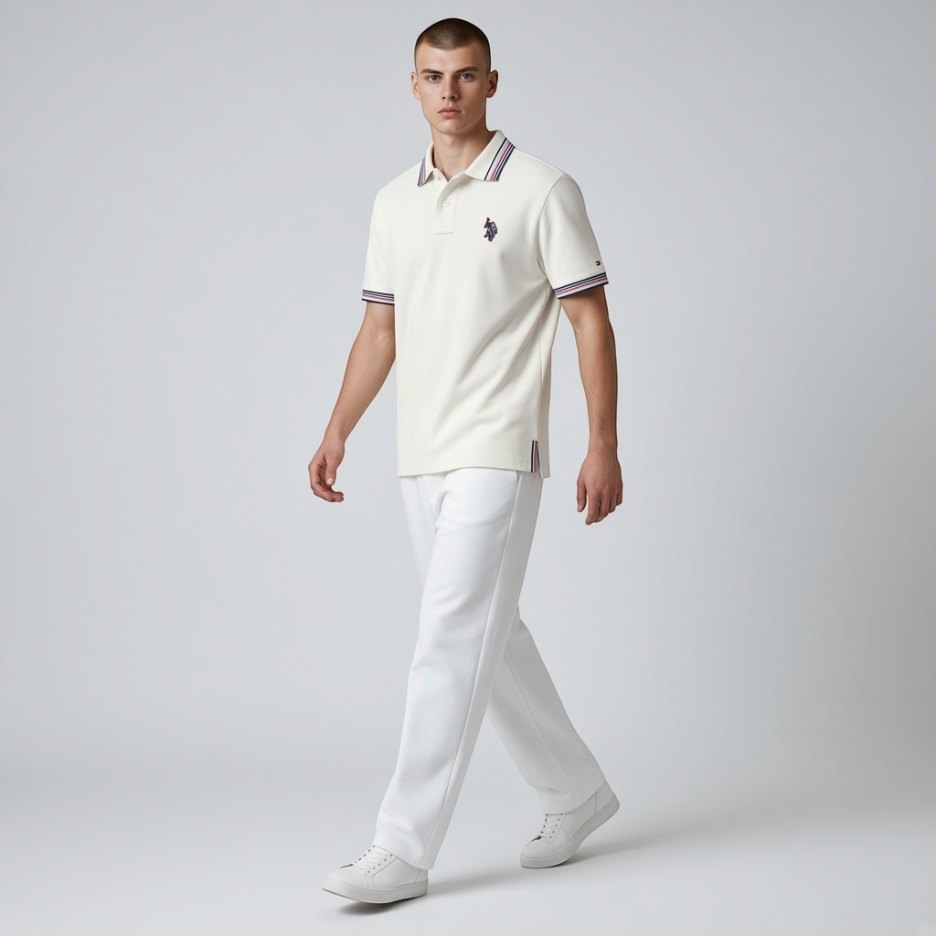 Modelo vistiendo polo beige de algodón U.S. Polo Assn. de www.treshop.com.co con detalles tricolores en cuello y mangas