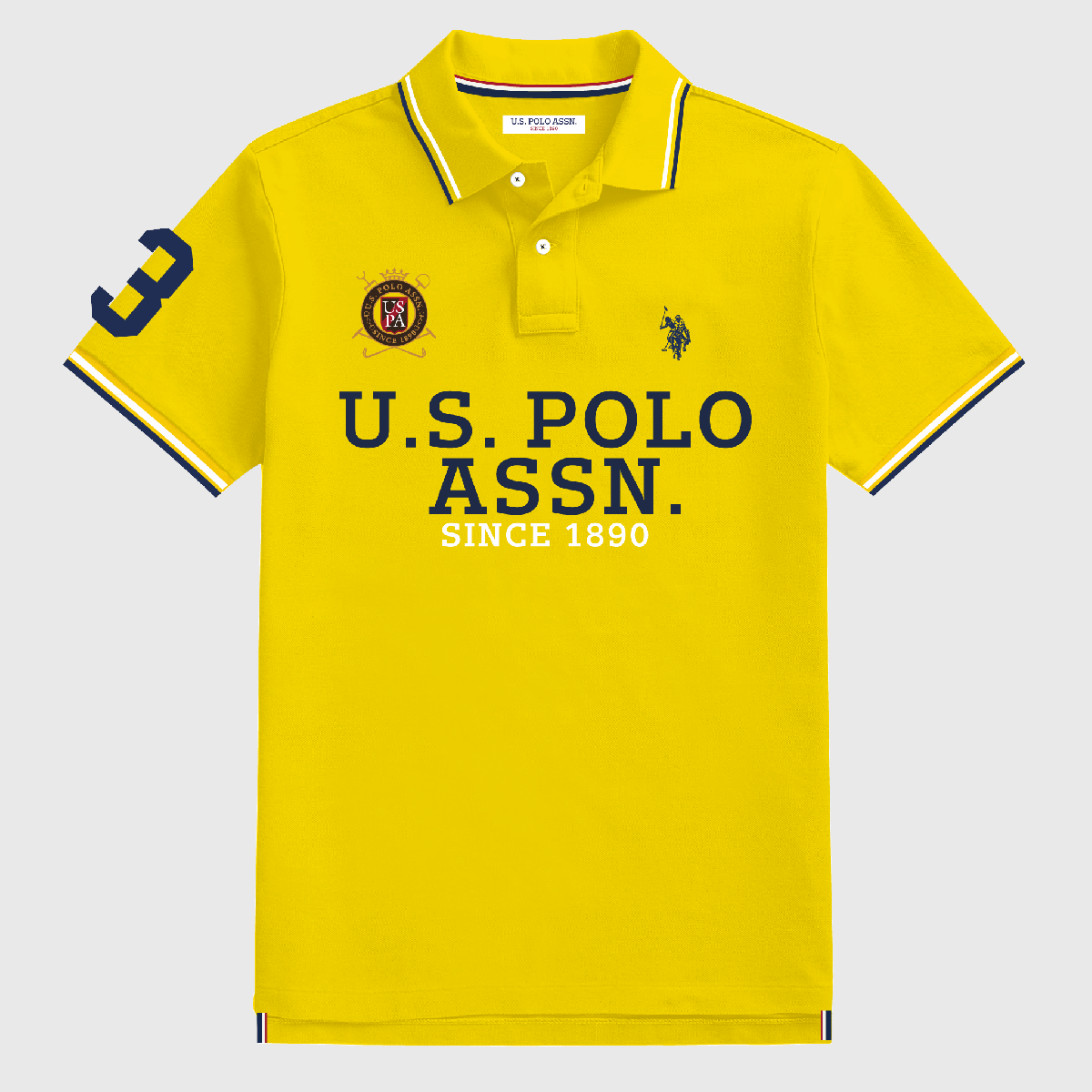 Polo amarillo de algodón para hombre de www.treshop.com.co con logotipo bordado, estampado gráfico y número 3