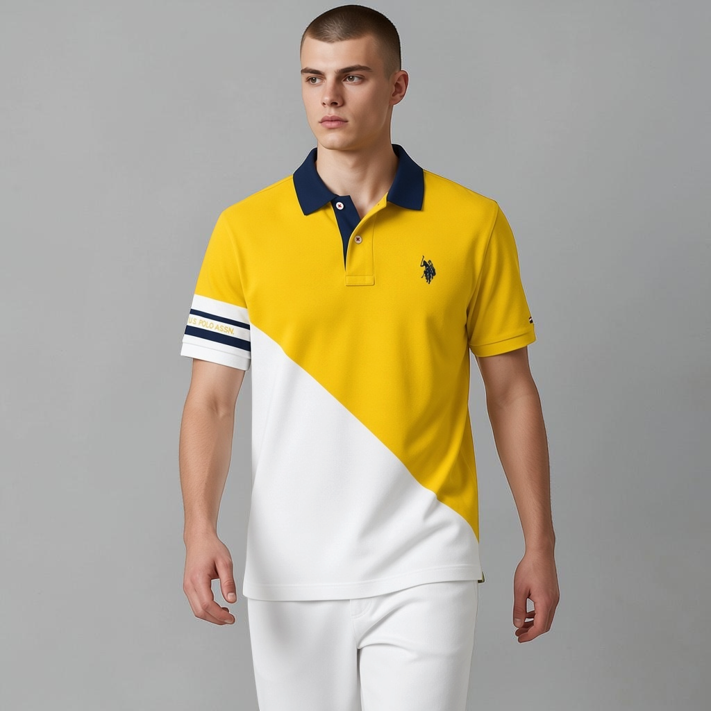 Polo U.S. POLO ASSN. de www.treshop.com.co en amarillo y blanco con diseño diagonal y cuello azul marino