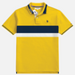 Polo amarillo para hombre de www.treshop.com.co con franjas horizontales azul marino y blancas y logo bordado