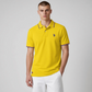 Polo amarillo www.treshop.com.co para hombre con ribetes tricolores en cuello y mangas y logo bordado en el pecho