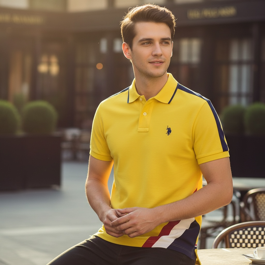 Hombre vistiendo polo amarillo www.treshop.com.co con detalles azul marino y blanco, corte moderno y logo bordado.