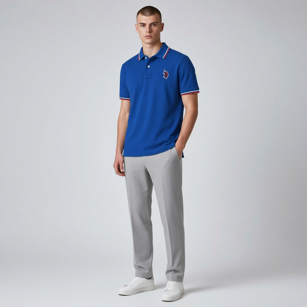 Modelo vistiendo polo azul de algodón www.treshop.com.co con ribetes tricolor en cuello y mangas y logo bordado