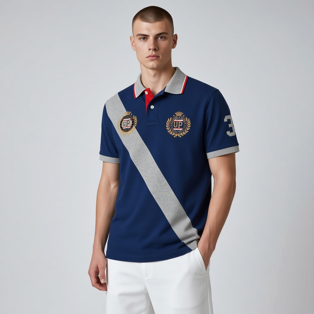 Hombre vistiendo polo azul marino www.treshop.com.co con banda diagonal gris, emblemas bordados y cuello en contraste