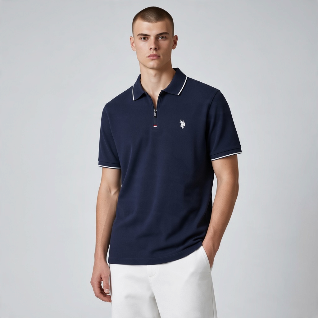 Hombre vistiendo polo azul marino de www.treshop.com.co con cremallera, detalles blancos y logo bordado en el pecho.
