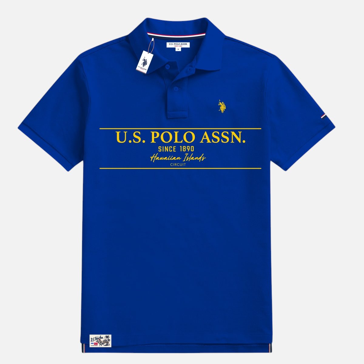 Polo azul real de www.treshop.com.co con estampado frontal amarillo y logo bordado para hombre