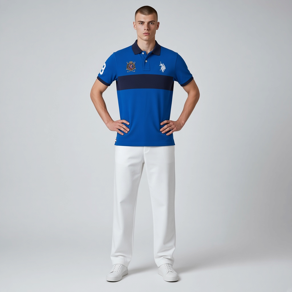 Hombre vistiendo polo azul real con franja azul marino y logo bordado de www.treshop.com.co con pantalones blancos