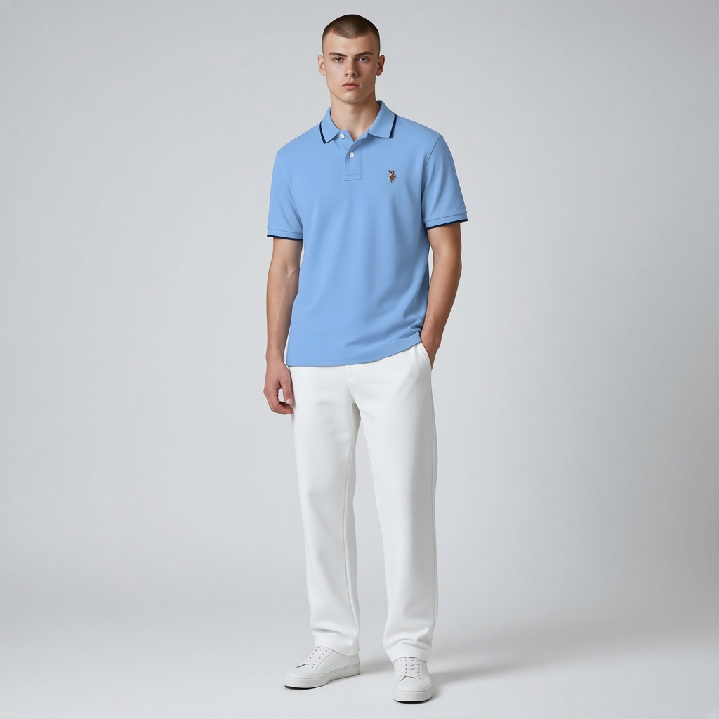 Hombre vistiendo polo azul claro de algodón U.S. POLO ASSN. de www.treshop.com.co con detalles en cuello y mangas