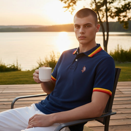 Hombre con polo azul marino www.treshop.com.co con detalles en cuello y mangas, sentado al atardecer junto al lago.