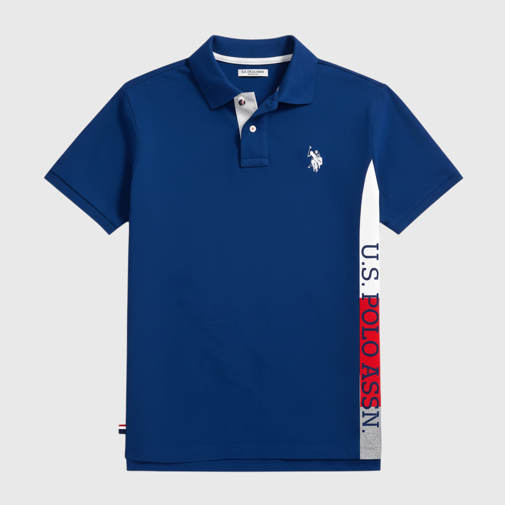 Camiseta polo azul www.treshop.com.co con panel lateral tricolor y logo bordado de U.S. POLO ASSN. en el pecho