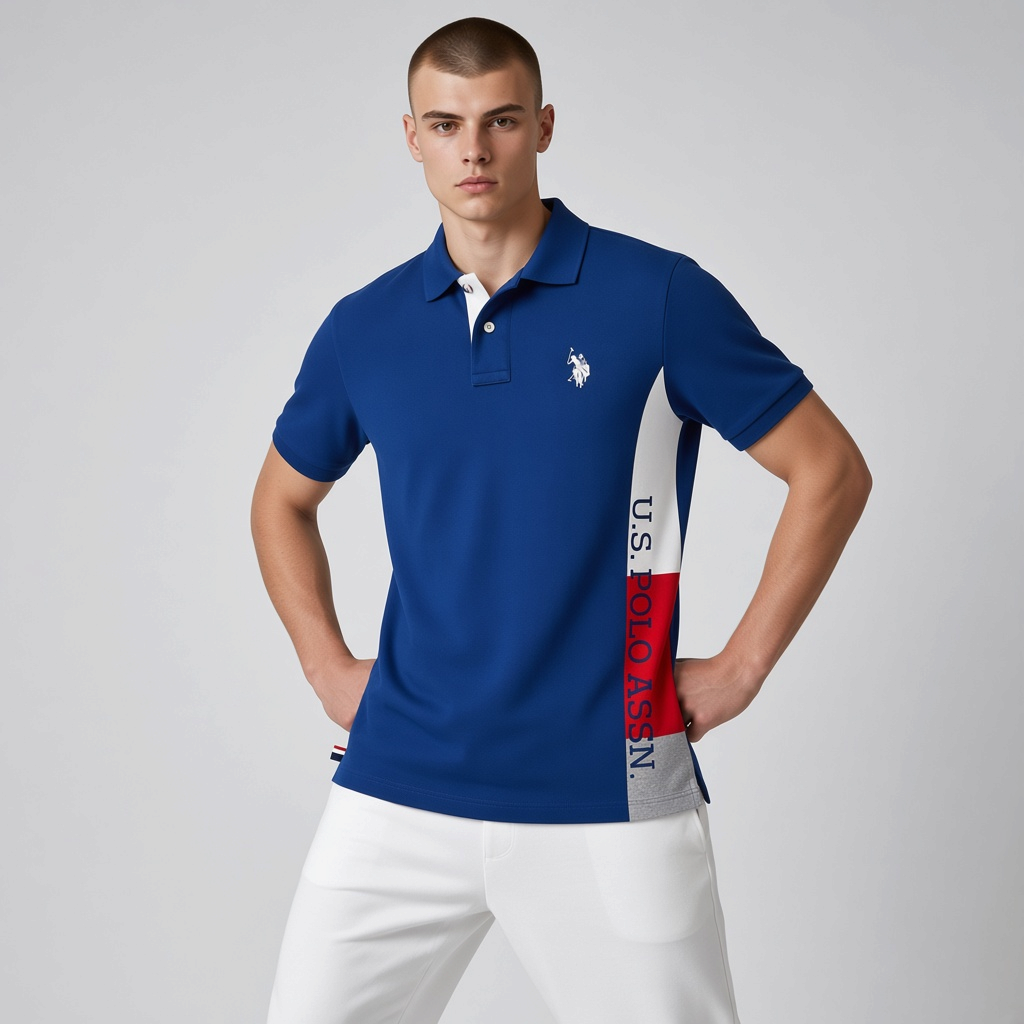 Hombre vistiendo polo azul de www.treshop.com.co con panel lateral tricolor, logo bordado y cuello clásico.