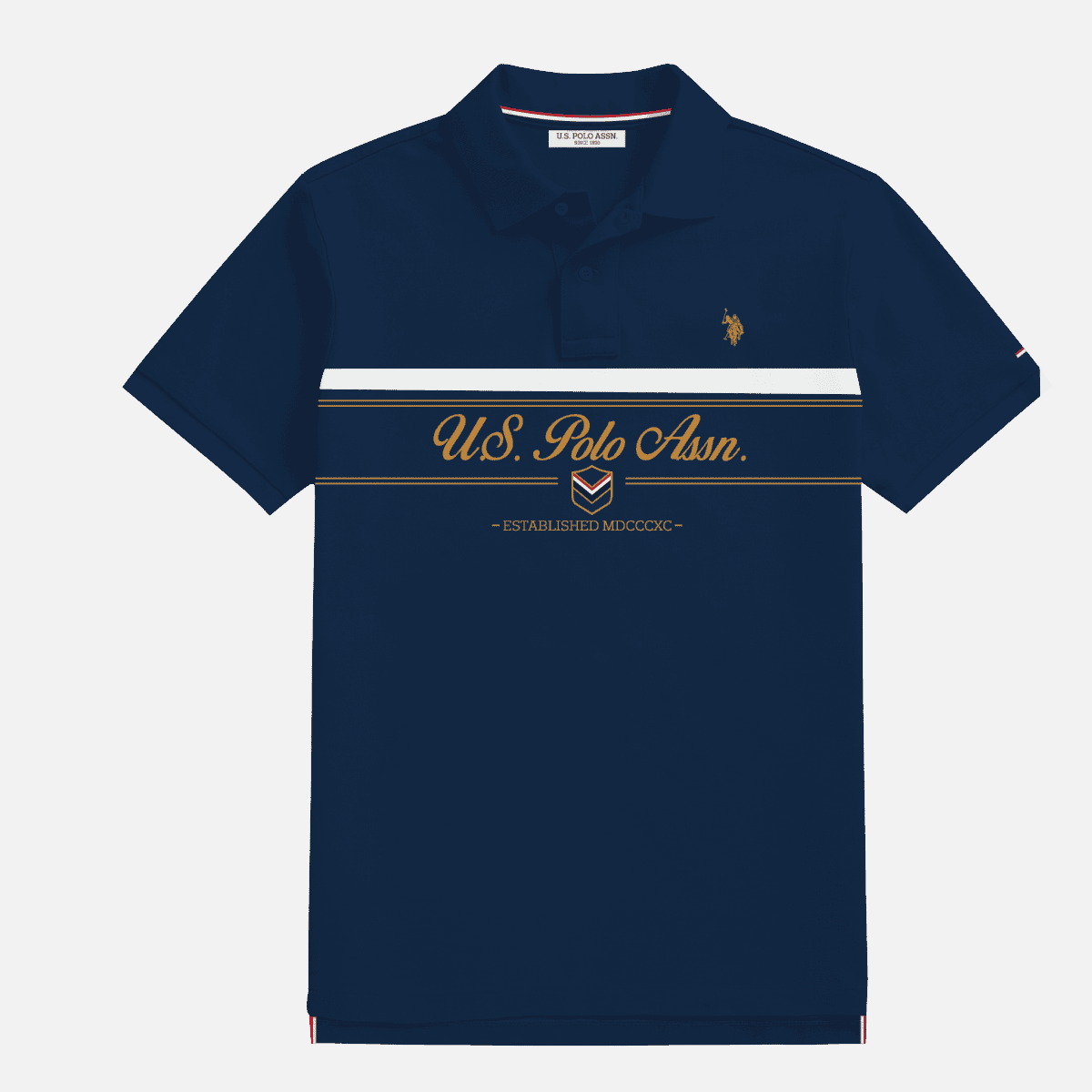 Polo azul marino de algodón U.S. Polo Assn. de www.treshop.com.co con estampado frontal y detalles dorados