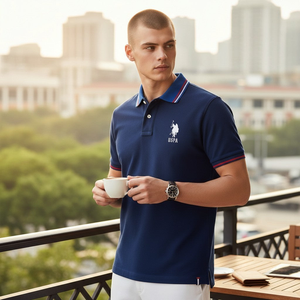 Hombre vistiendo polo azul marino www.treshop.com.co con detalles en contraste, logo bordado y taza de café en mano.