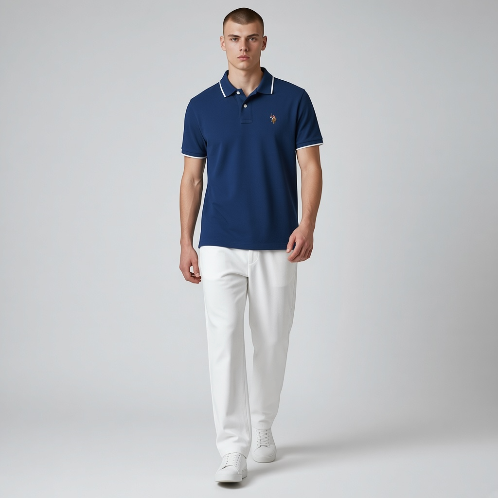 Hombre vistiendo polo azul marino www.treshop.com.co con detalles blancos en cuello y mangas y logo bordado