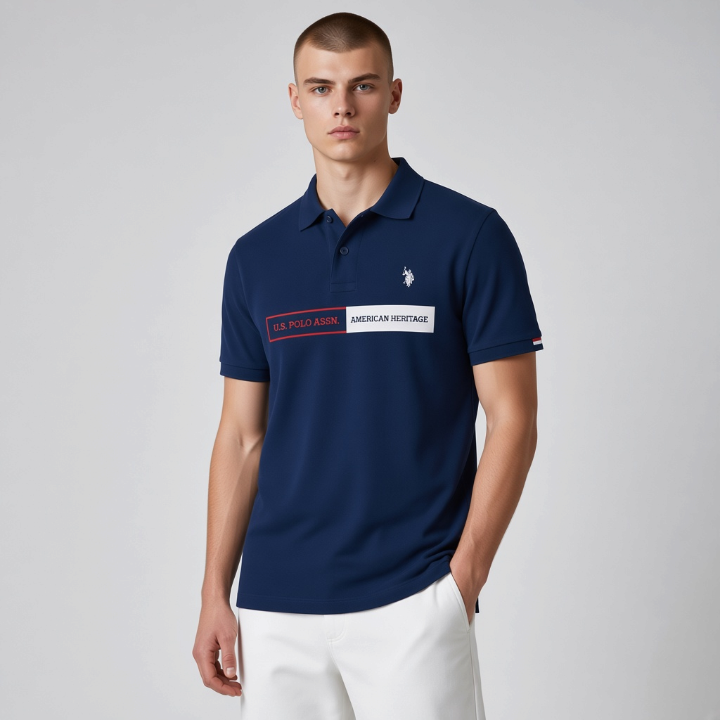 Hombre vistiendo polo azul marino de www.treshop.com.co con logo U.S. POLO ASSN. y estampado American Heritage