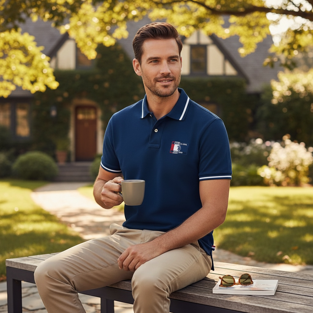 Hombre con polo azul marino U.S. POLO ASSN. de www.treshop.com.co con detalles en cuello y puños en jardín exterior