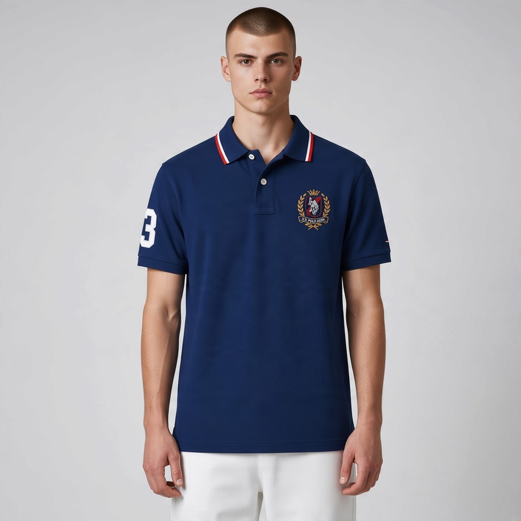 Hombre vistiendo polo azul marino de www.treshop.com.co con cuello a rayas, escudo bordado y número en la manga.