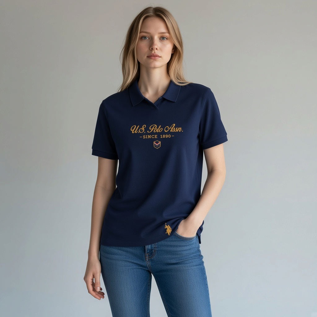 Mujer vistiendo polo azul marino www.treshop.com.co con logo dorado y detalles estampados en el pecho
