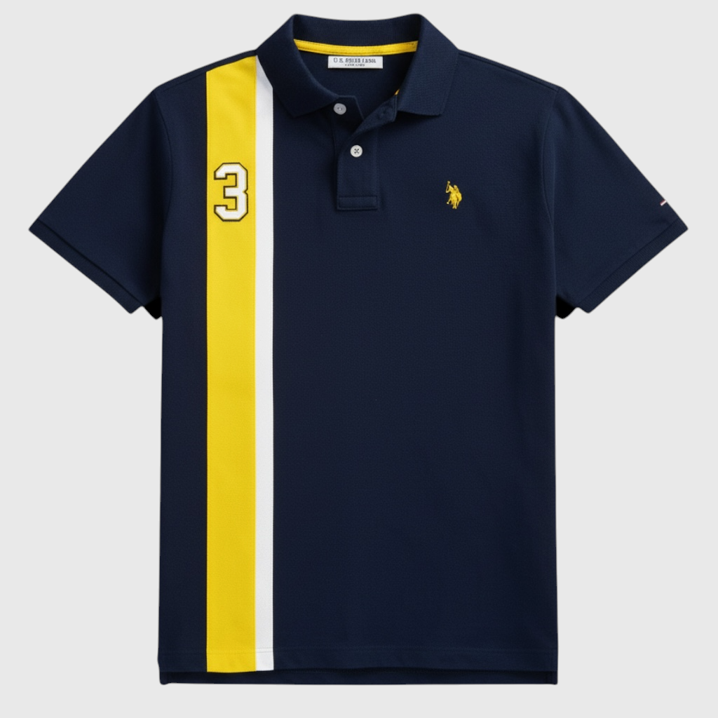 Polo azul marino www.treshop.com.co con franja vertical amarilla y blanca, número 3 bordado y logo en el pecho