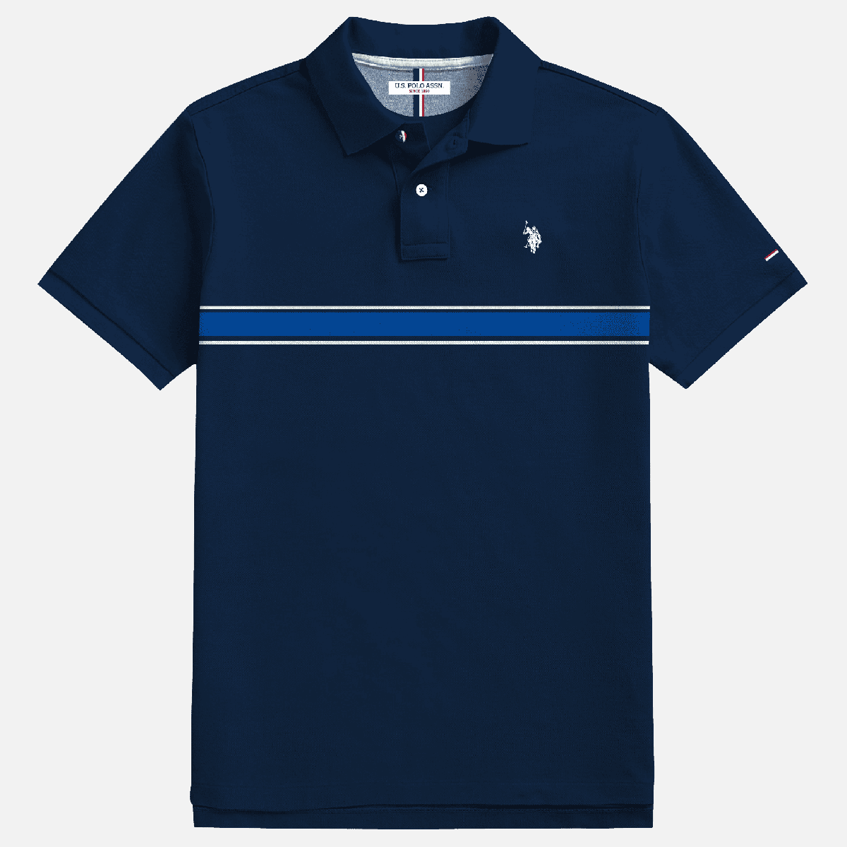 Polo azul marino U.S. POLO ASSN. de www.treshop.com.co con franjas horizontales y logo bordado en el pecho