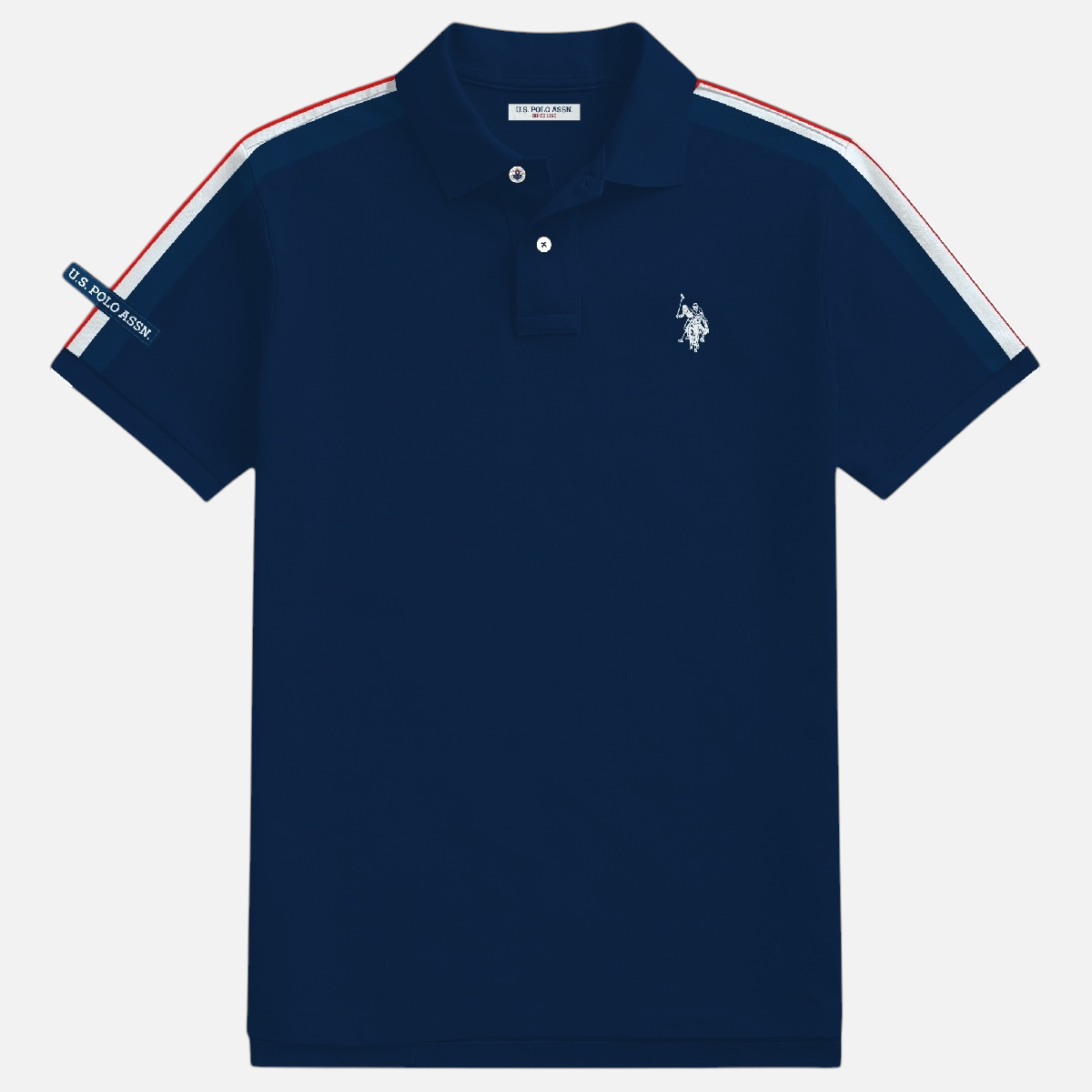 Camisa polo azul marino U.S. Polo Assn. para hombre con franjas blancas y rojas en las mangas y logo bordado